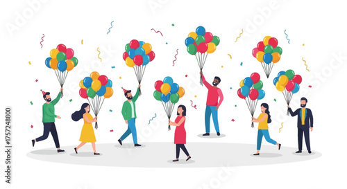 A group of happy people celebrating with colorful balloons and confetti, creating a festive and joyful atmosphere