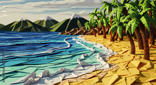 A low-poly tropical beach scene with turquoise ocean waves gently lapping onto a sandy shore, framed by lush green palm trees and distant, snow-capped mountains under a clear sky.
