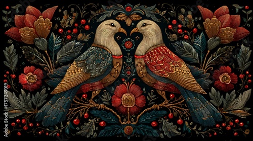 Colorful artistic birds surrounded by intricate floral patterns picture