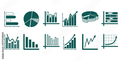 Collection of diverse business and financial chart icons on a white background