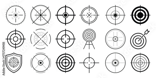 Collection of diverse crosshair and target icons for aiming and precision