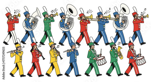 Marching Band Musicians Playing Instruments in a Parade Formation - Vector Illustration