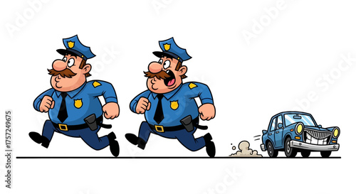 Two police officers chase a car with an angry expression, cartoon illustration on white