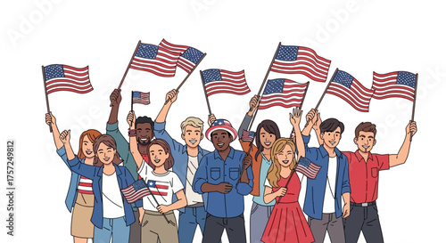 Diverse group of patriotic people waving American flags in celebration of national holidays and freedom