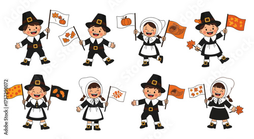 Vector illustration set of cheerful children in pilgrim costumes celebrating a fall festival with decorative flags