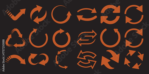 Collection of orange circular and directional arrows on black background