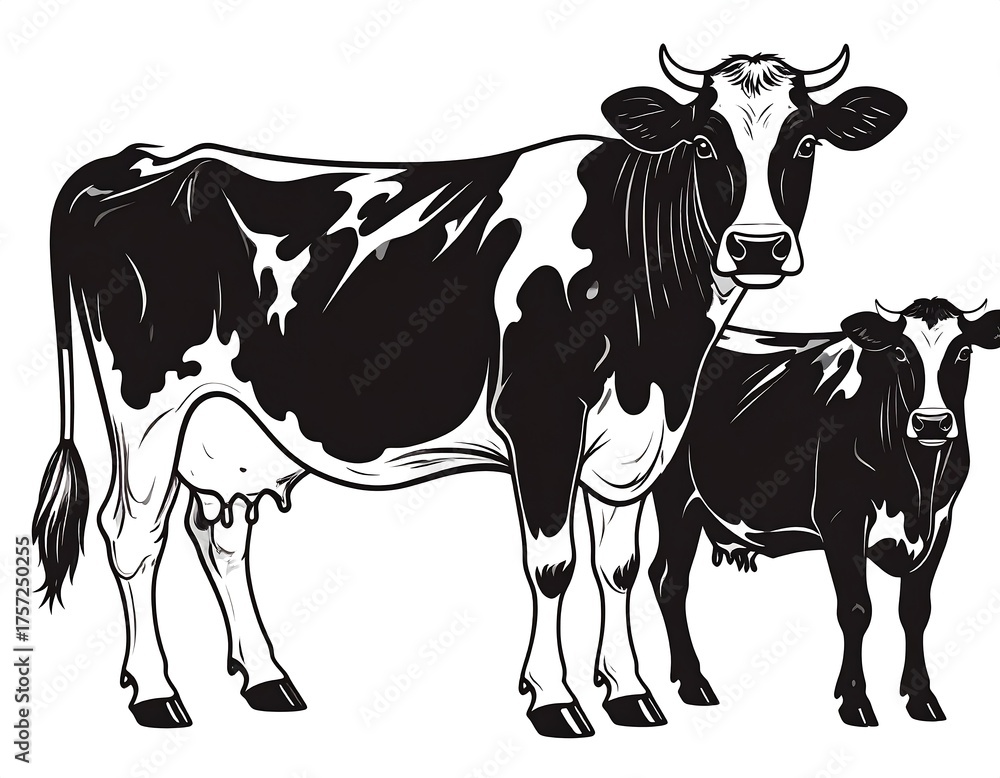 Fototapeta premium Black and white illustration of a cow and a calf, in a farm setting