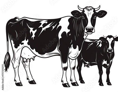 Black and white illustration of a cow and a calf, in a farm setting