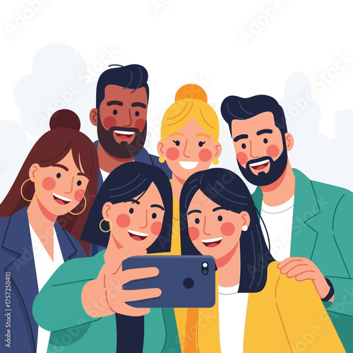 Group of diverse friends taking selfie smartphone capture moment
