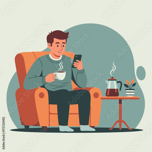 Illustration of a man relaxing at home with coffee and mobile device