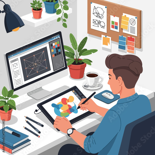 Graphic designer at work using digital tablet computer and desktop monitor indoors