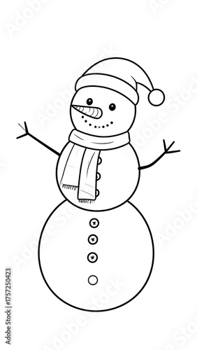 Black and white illustration of a festive snowman