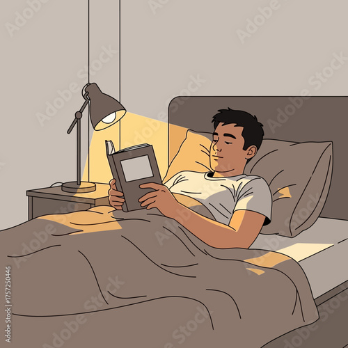 Person reading in bed under lamp light interior scene