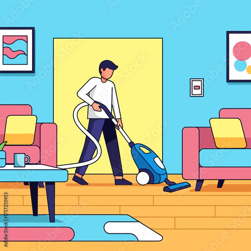 Person using vacuum cleaner in colorful interior illustration