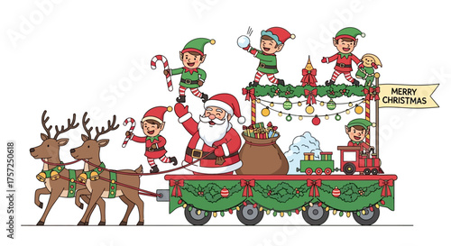 Merry Christmas Santa Claus and his Elves Parade on a Festive Decorated Float