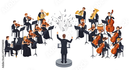 Vibrant Classical Orchestra Performance with Diverse Musicians and Dynamic Conductor Creating Harmonious Symphonic Music