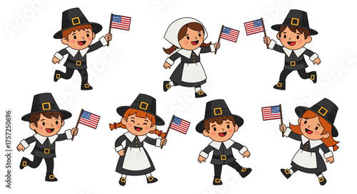Delightful illustration of young children in traditional Pilgrim attire holding American flags, perfect for historical holiday celebrations