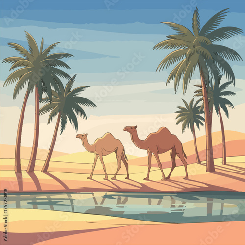 Two dromedary camels standing near a body of water.