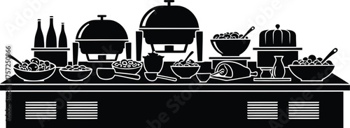 Elegant buffet table laden with various dishes and bottles