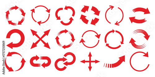 Collection of Red Circular and Directional Arrows on White Background
