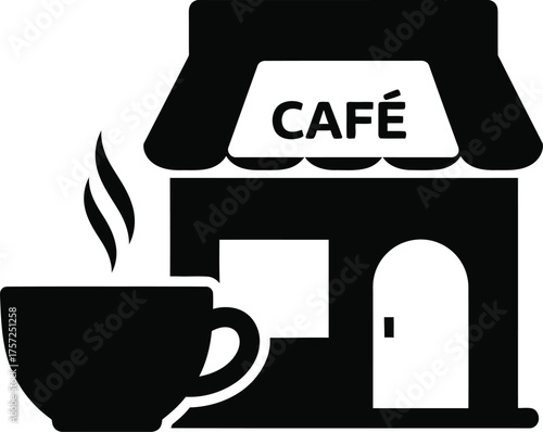 Simple icon of a cafe building with a steaming coffee cup