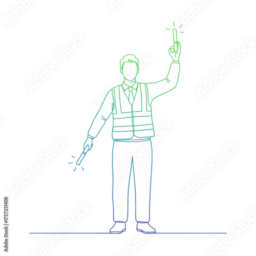 Ground Crew Worker Directing with Light Wands Safety Vest Line Art