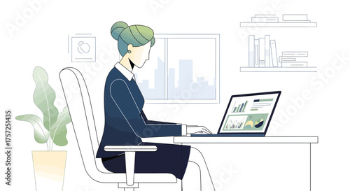 Professional Businesswoman Analyzing Data at Desk in Modern Office Environment - Digital Illustration