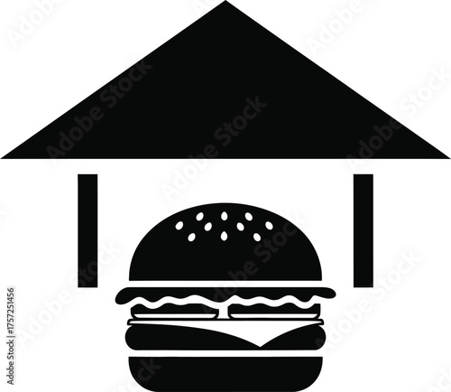 Burger icon within a stylized house or shelter shape