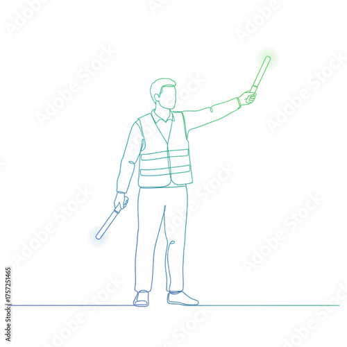 Airport ground crew signaling with light wands line art illustration