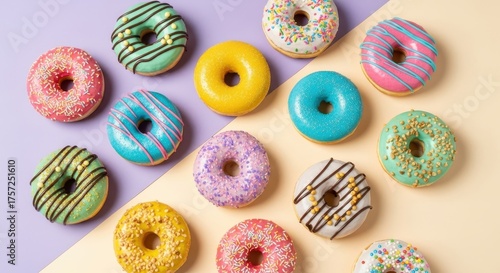 Colorful donuts with sugar glaze and sprinkles on split-tone background