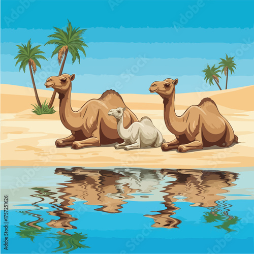 A family of dromedary camels with a calf resting together.