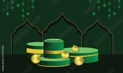 3D realistic Merry Christmas and Happy New Year Banner with Product Display Podium, Christmas Ornaments