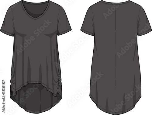 Women’s dark tunic top vector illustration with V‑neck, short sleeves, high‑low hemline, fashion apparel design front and back view