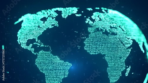 A glowing digital representation of Earth, formed from data, against a dark blue backdrop