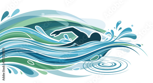 Swimming Action, Swimmer Subject, Water Environment, Illustration Content, Dynamic Viewpoint, Fluid Concept