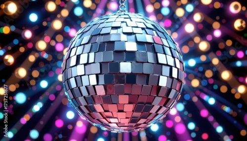 Shiny disco ball with vibrant party lights
