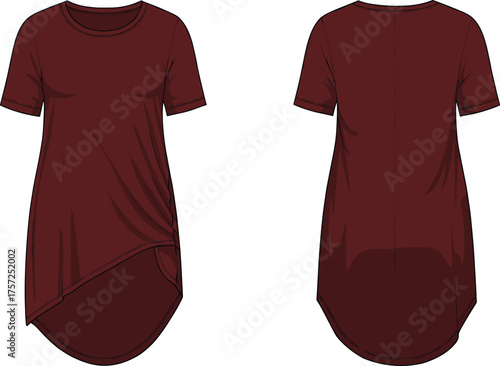 Vector illustration of maroon asymmetrical tunic shirt front and back view, casual fashion apparel design, modern stylish clothing template