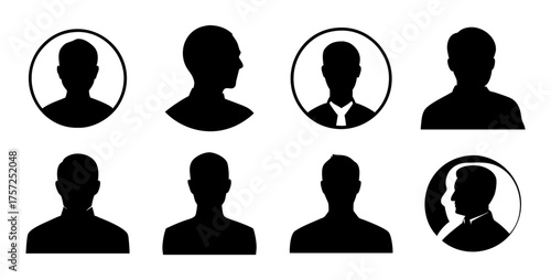 Set of male silhouette avatars in different head and shoulder poses, isolated on transparent background, user or profile icons