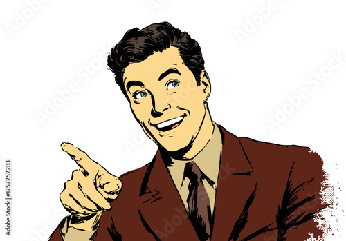 Businessman in brown suit confidently pointing finger for directing attention, leadership, and successful decision making in cartoon pop art illustration style