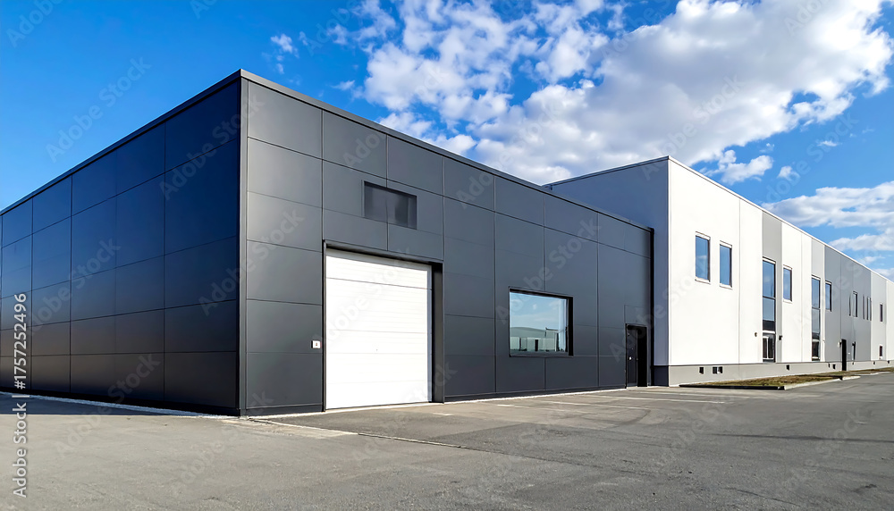 Obraz premium クールな黒い金属外壁の倉庫ガレージ社屋が建ち並ぶビジネス拠点の静かな朝景