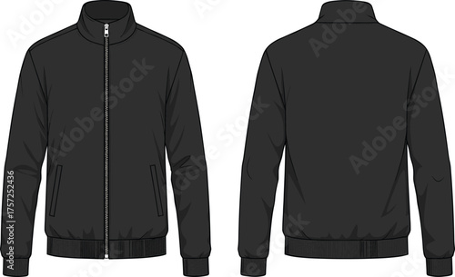 Black bomber jacket front and back view fashion illustration, casual outerwear clothing design, trendy streetwear apparel vector for catalog presentation