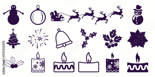 Festive Christmas Icons: Snowman, Sleigh, Tree, Holly, Candles, and More