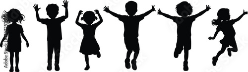 Children silhouette illustration, kids jumping dancing poses, joyful childhood activity vector, lifestyle design, playful posture artwork, isolated black figure graphic
