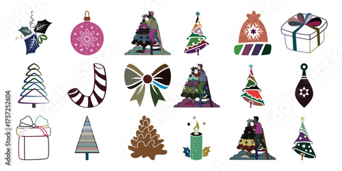 Festive Christmas Icons: Trees, Gifts, Ornaments, and Decorations
