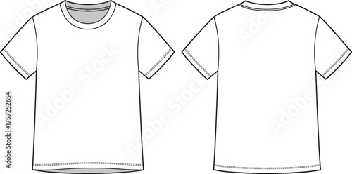 Basic short sleeve t‑shirt fashion flat sketch front and back view vector illustration apparel design template clothing outline technical drawing