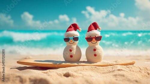 Fototapeta Naklejka Na Ścianę i Meble -  Sand Snowmen with Santa Hats on Sunny Beach