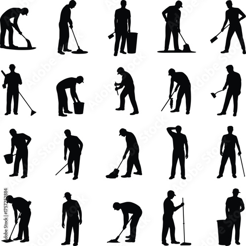 Cleaning activity silhouette, janitor worker illustration, household chores vector, sweeping mopping dusting design, lifestyle artwork, isolated black figure, hygiene concept