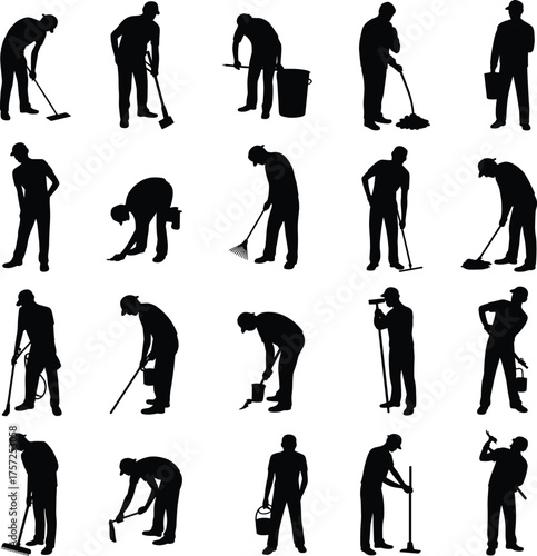 Cleaning and maintenance silhouette, janitor worker illustration, household chores vector, sweeping mopping vacuuming design, lifestyle artwork, isolated black figure, hygiene concept