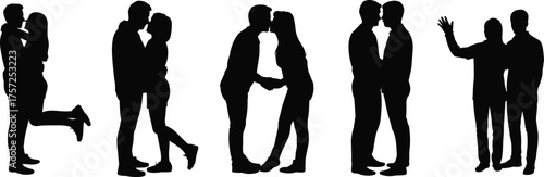 Couple silhouette illustration, romantic embrace, kissing figures, love relationship vector, lifestyle design, affectionate pose artwork, isolated black figure, romance concept