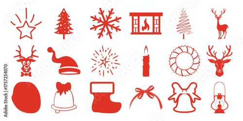 Red Christmas Icons: Star, Tree, Snowflake, Fireplace, Reindeer, Candle, Wreath, Stocking